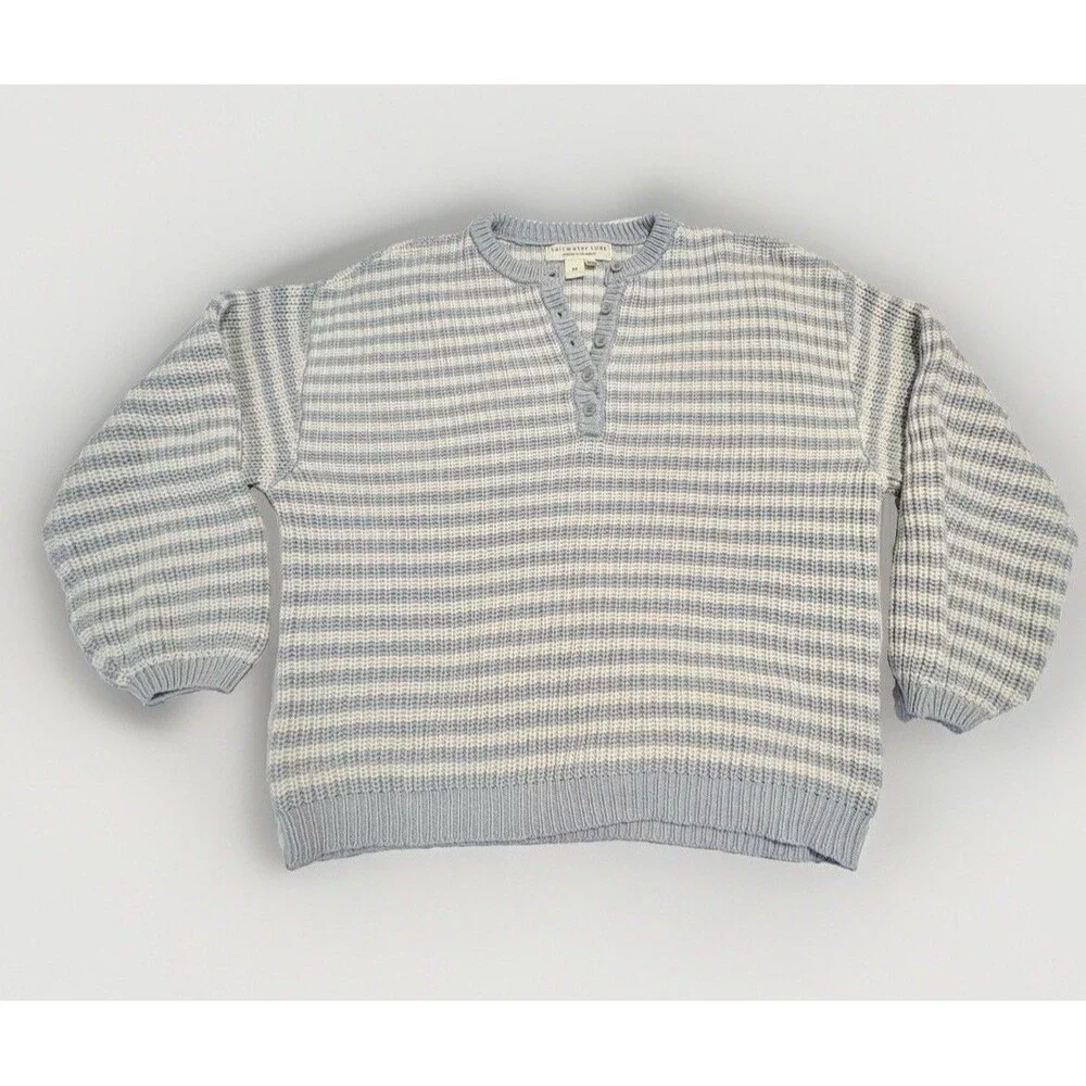 Anthro Saltwater LUXE Leilani Soft Rugby Sweater Sky Blue Ivory EUC Coastal